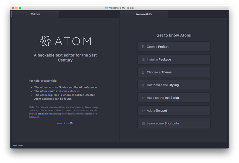 Atom's welcome screen